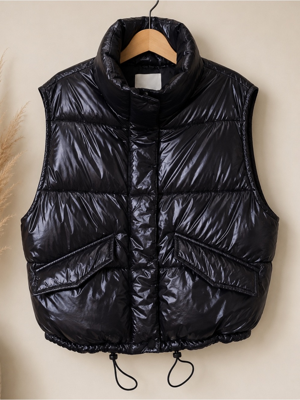 H&M Black Shiny Oversized Puffer Vest Quilted High Collar Jacket Medium